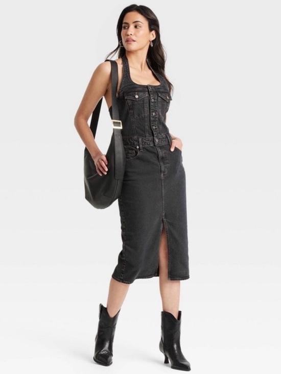 Universal Thread Denim - Universal Thread Black Fitted Denim Button-Front Midi Dress